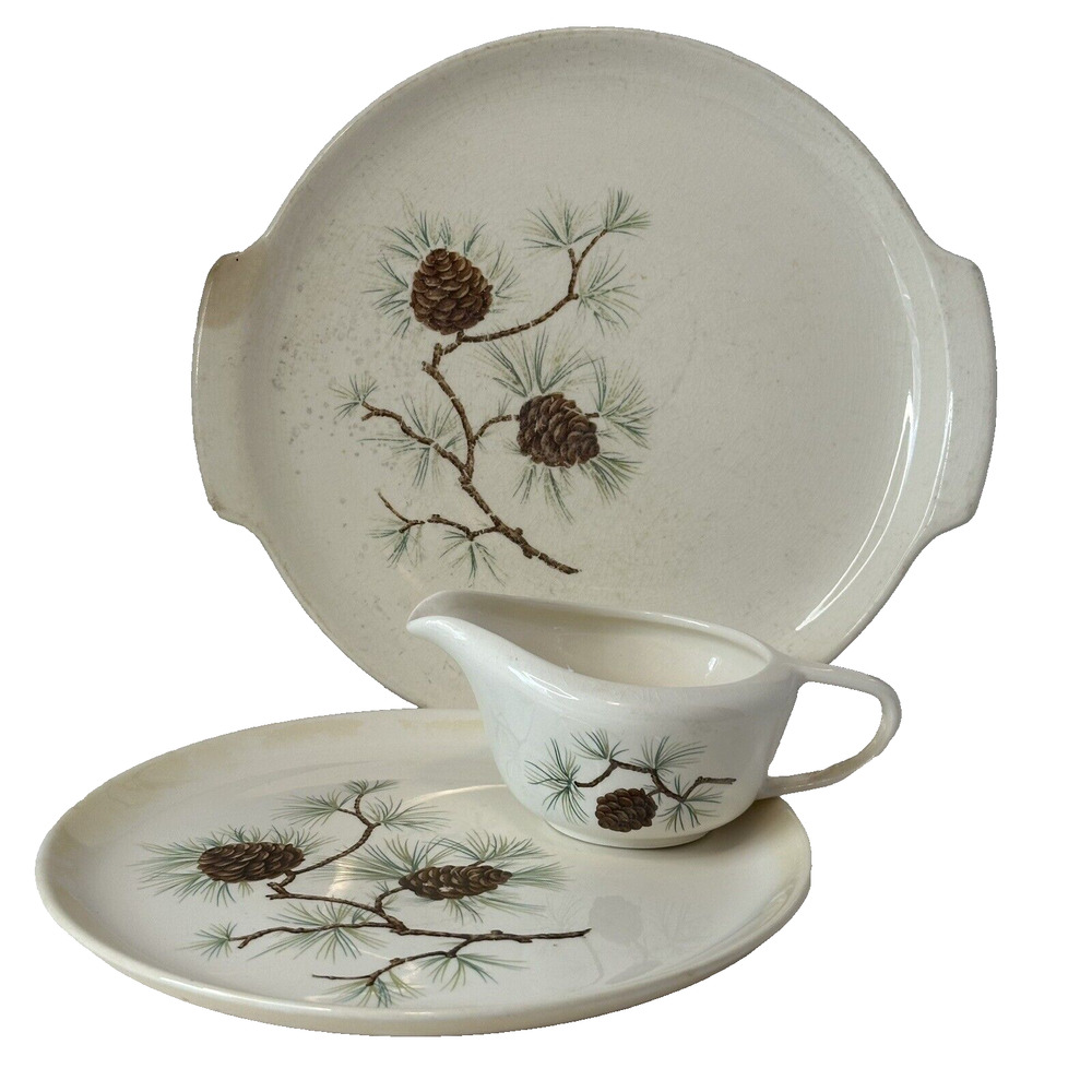 FRENCH SAXON, Pine Cone 1959, Handled Cake Plate, Dinner Plate, Creamer. VTG